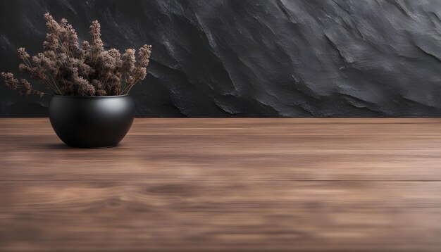 Wooden table or counter top with black stone wall background with black dried flowers