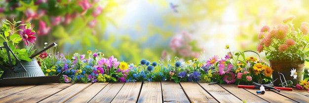 Photo wooden table covered in colorful flowers garden tools scattered around set against a blurred natural background generative ai