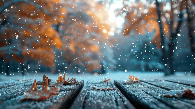 Photo wooden table covered in snowy leaves