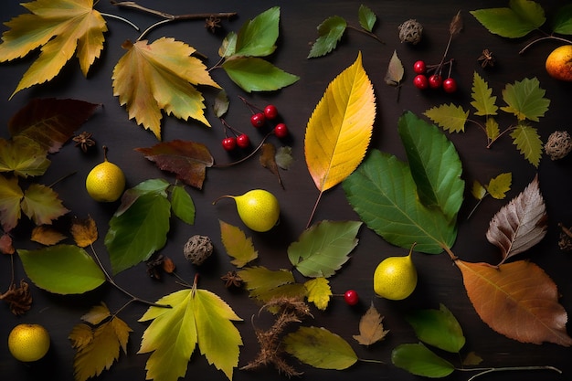 A wooden table covered with an assortment of colorful leaves and ripe fruits creating a vibrant