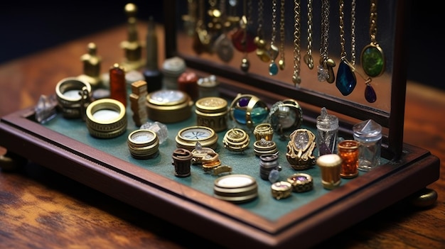 Photo wooden table covered with jewelry