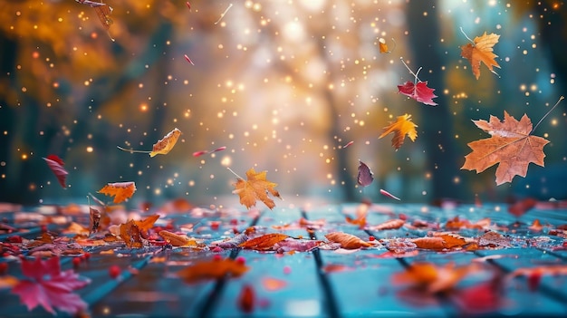 Wooden Table Covered With Leaves