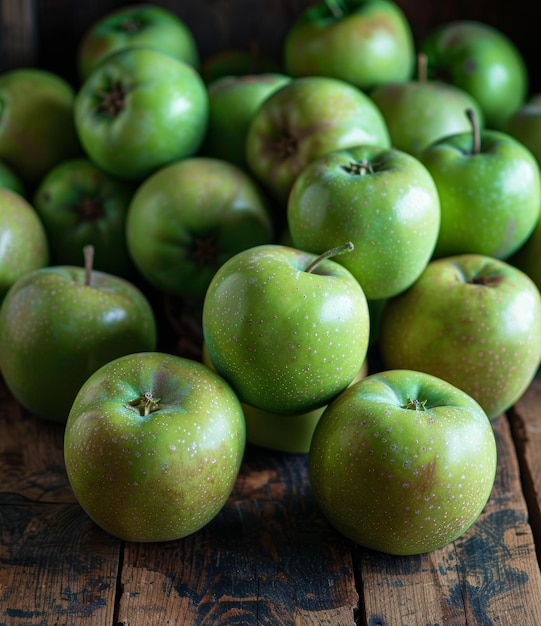 A wooden table covered with a pile of green apples