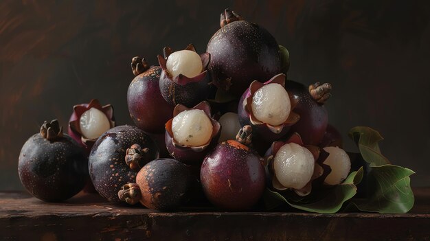 Photo a wooden table covered with a variety of exotic fruits