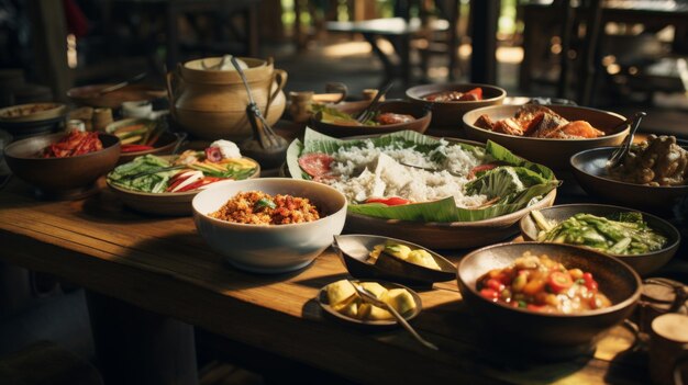 Wooden table covered with various bowls of food