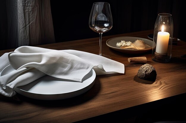 A wooden table covered with a white linen napkin and set for dinner