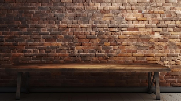 wooden table in dark brick wall room for advertising