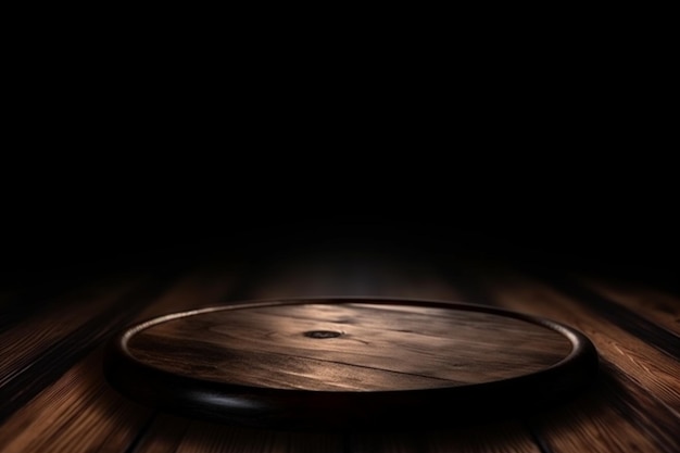 Wooden table in dark room background concept for advertising