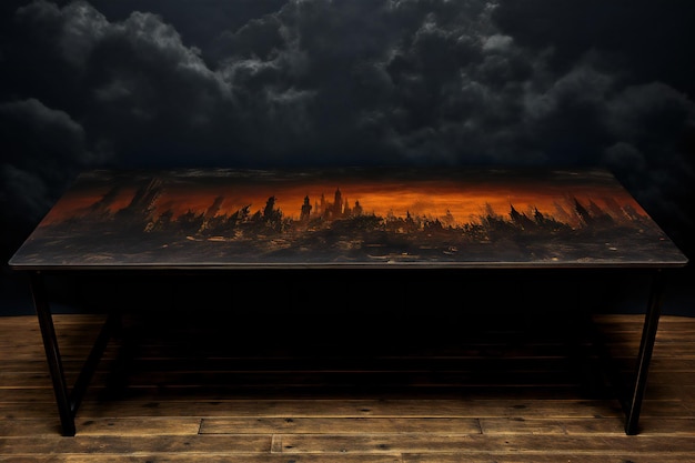 Wooden table in dark room with fire and smoke on dark background