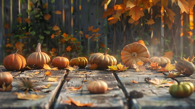 Wooden table decorated with pumpkins and autumn foliage Ai Generated