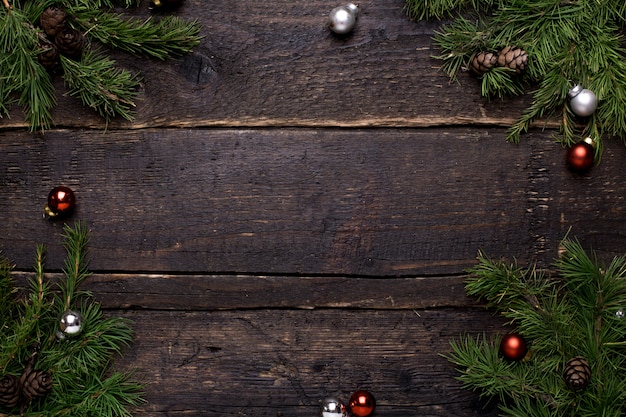 wooden table, decorations and Christmas tree