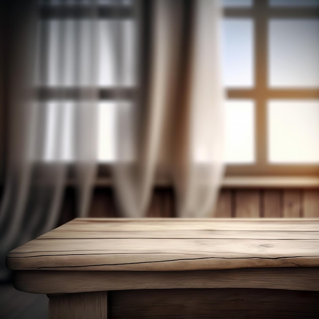 Wooden table on defocuced window with curtain