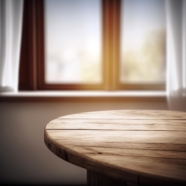 커튼이 있는 디포커스 창에 있는 나무 테이블