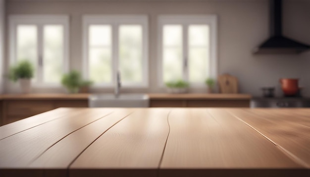 Wooden table on a defocused kitchen bench interior background generated by AI