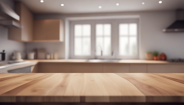 Wooden table on a defocused kitchen bench interior background generated by AI