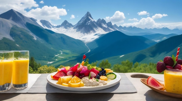 Photo on a wooden table delicious dishes with a mountain view