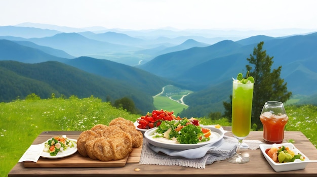 On a wooden table delicious dishes with a mountain view