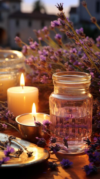 Wooden table design candles lavender and flower UHD Wallpaper