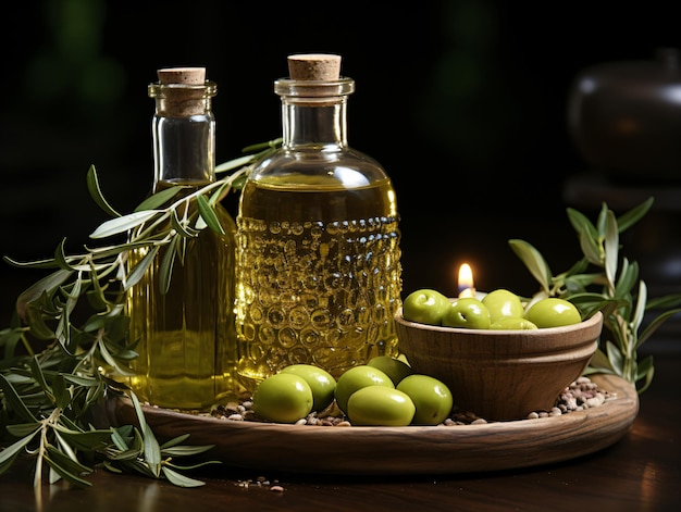 Wooden Table Display with Glass Bottle of Fine Olive Oil