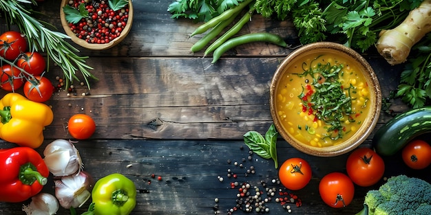 A wooden table displaying bowls of soup and fresh vegetables