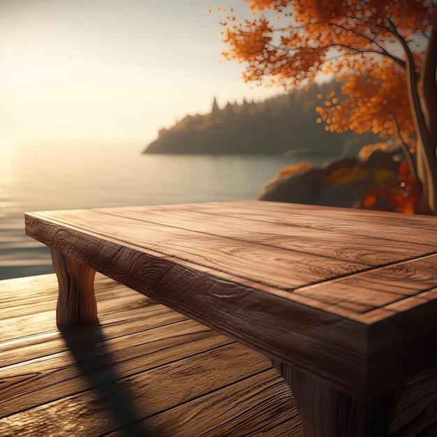 A wooden table on a dock with a lake in the background.