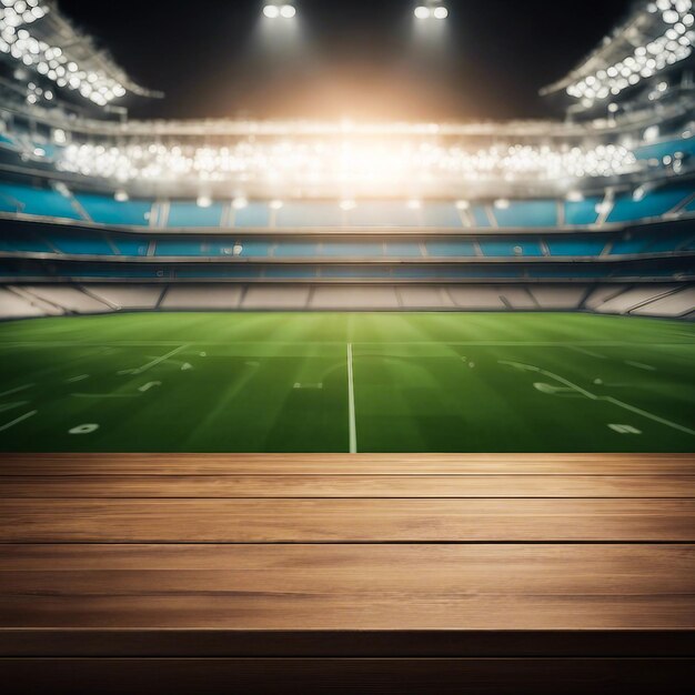 Wooden table empty with a bokeh background of a stadium Mockup template for product display