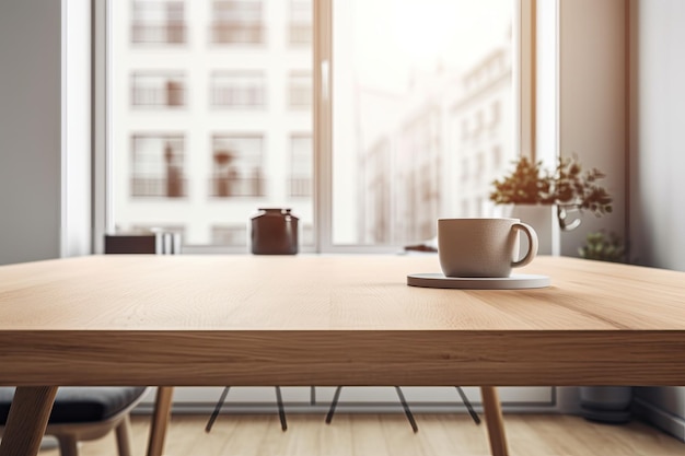 Wooden table empty with a hazy image of a Scandinavian living room