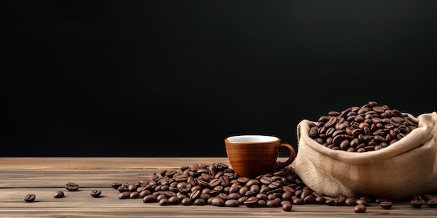 A wooden table featuring a bag of coffee beans and a coffee cup