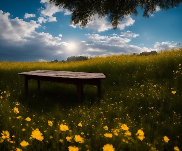 A wooden table in the field Cinematic daylight illustration art