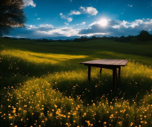 A wooden table in the field Cinematic daylight illustration art