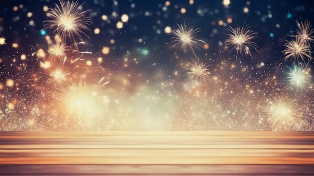 Wooden table or floor empty with new year firework in background comeliness