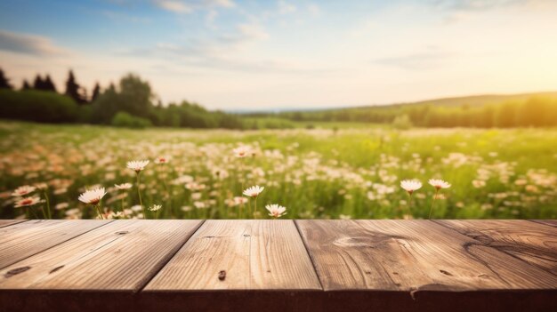 Wooden table in flower field