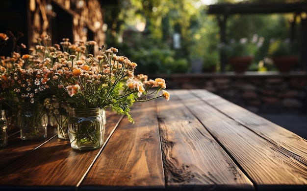 나무 테이블 과 꽃 이 흐릿 한 정원 배경 에