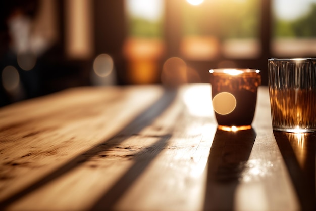 A wooden table in the foreground and a beam of light Generative AI