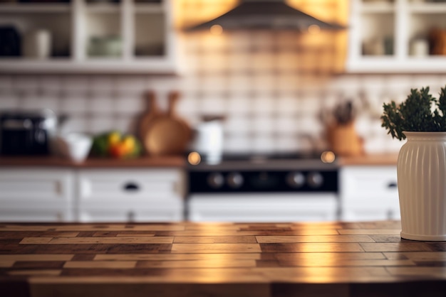 Wooden table foreground and blurred kitchen background Generative AI