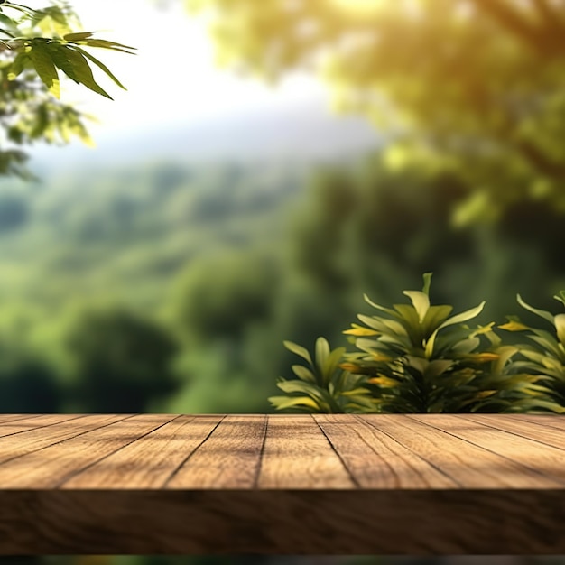 wooden table in forest bokeh background