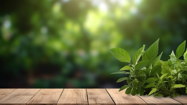 wooden table in forest bokeh background