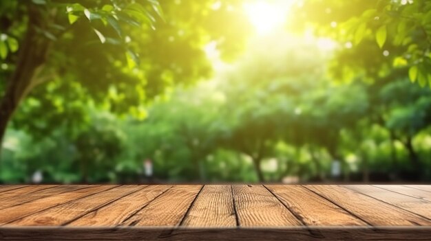 Wooden table in forest bokeh background