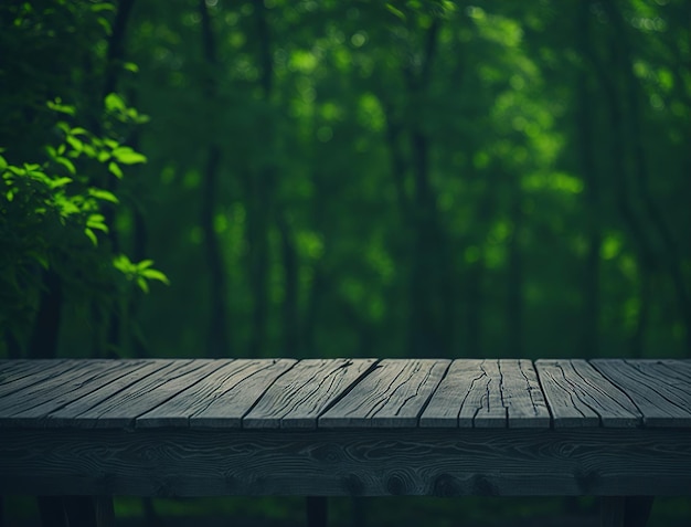A wooden table in a forest with a green background and the word " green " on the top.