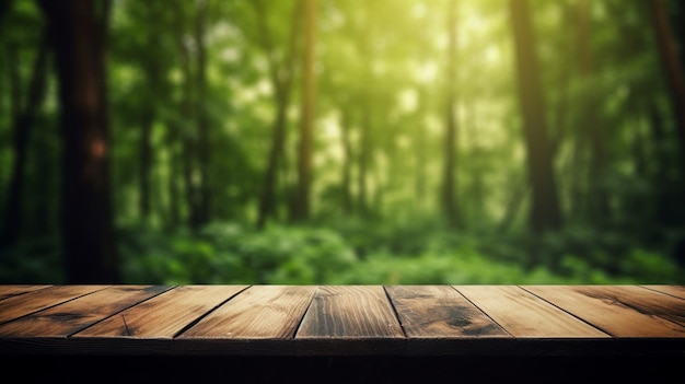 A wooden table in a forest with a green background and the word live on it.