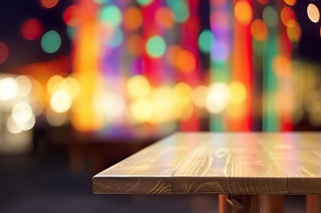 Wooden table in front of abstract blurred background of colorful restaurant lights Generative AI