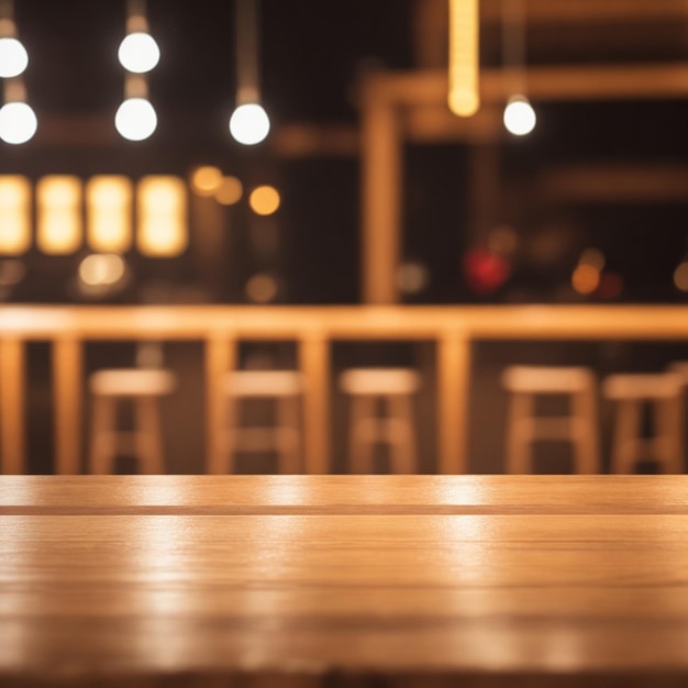 Wooden table in front of abstract blurred background of restaurant lights