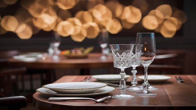 Wooden table in front of abstract blurred restaurant lights background