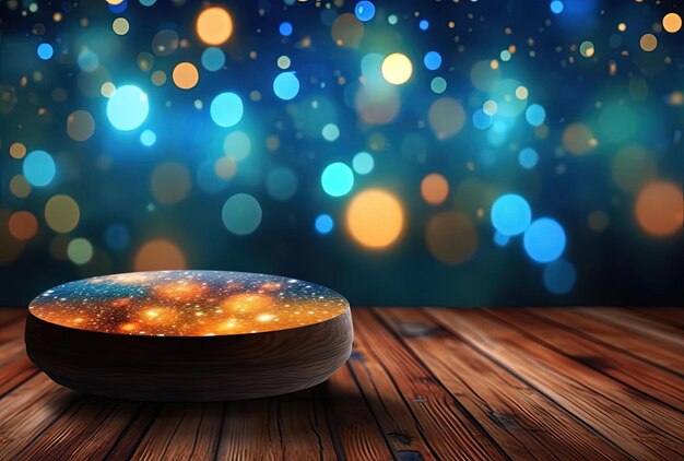 a wooden table in front of an abstract light with bokeh