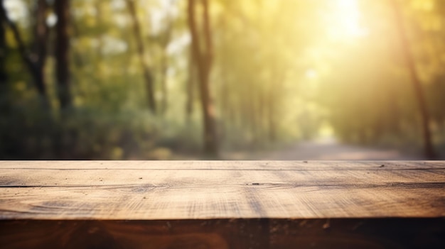 Wooden table in front of blurred autumn forest Generative AI Image