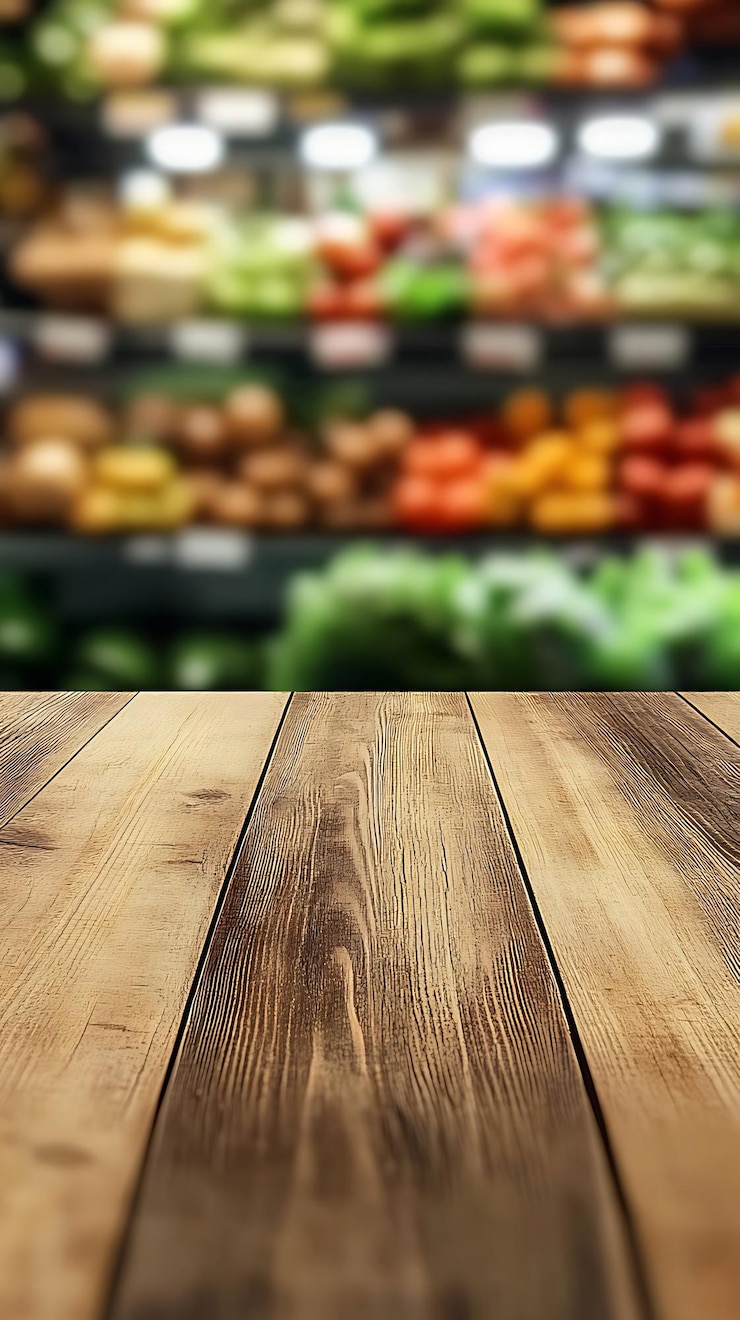 Photo wooden table in front of a blurred background of fresh vegetables