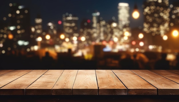 Wooden table in front of a blurred background of restaurant lights