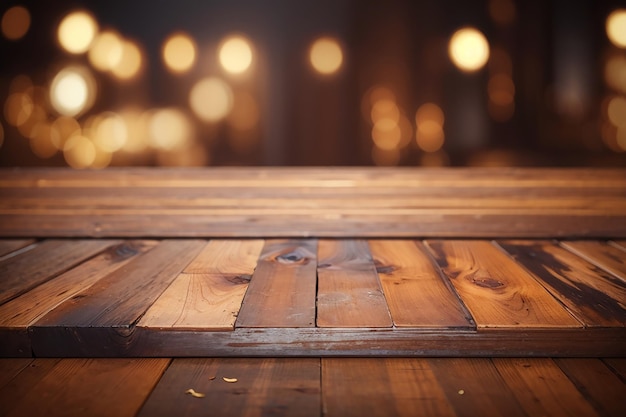 Wooden table on front blurred background