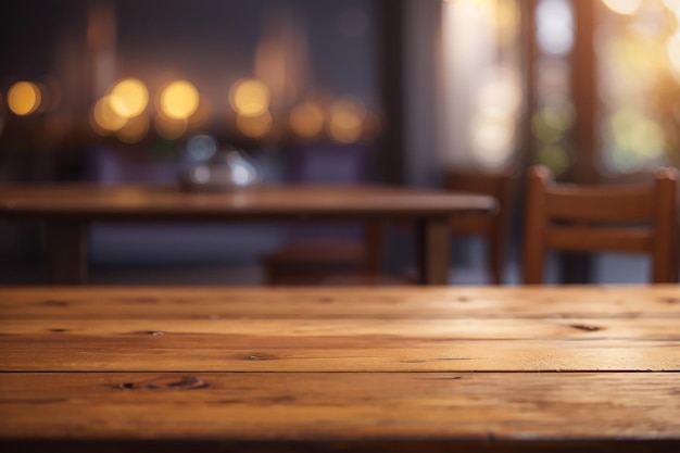 Wooden table on front blurred background