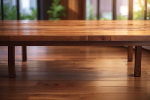 Wooden table on front blurred background